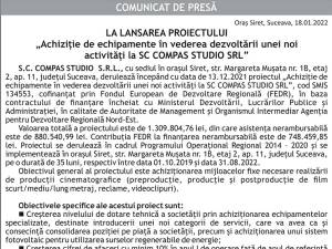 LA LANSAREA PROIECTULUI „Achiziție de echipamente în vederea dezvoltării unei noi activități la SC COMPAS STUDIO SRL”