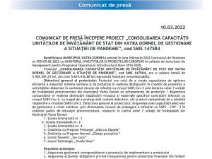 COMUNICAT DE PRESĂ ÎNCEPERE PROIECT „CONSOLIDAREA CAPACITĂȚII UNITĂȚILOR DE ÎNVĂȚĂMÂNT DE STAT DIN VATRA DORNEI, DE GESTIONARE A SITUAȚIEI DE PANDEMIE”, cod SMIS 147584