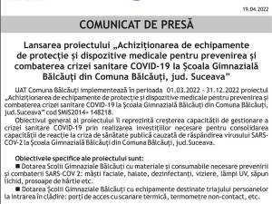 Lansarea proiectului „Achiziționarea de echipamente de protecție și dispozitive medicale pentru prevenirea și combaterea crizei sanitare COVID-19 la Școala Gimnazială Bălcăuți din Comuna Bălcăuți, jud. Suceava”