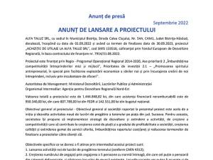 ANUNȚ DE LANSARE A PROIECTULUI - ACHIZIȚIE DE UTILAJE LA ALFA TALUZ SRL