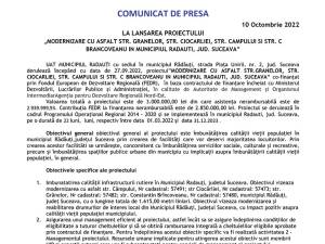 LA LANSAREA PROIECTULUI „MODERNIZARE CU ASFALT STR. GRANELOR, STR. CIOCARLIEI, STR. CAMPULUI SI STR. C BRANCOVEANU IN MUNICIPIUL RADAUTI, JUD. SUCEAVA”