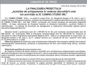LA FINALIZAREA PROIECTULUI „Achiziție de echipamente în vederea dezvoltării unei noi activități la SC COMPAS STUDIO SRL”